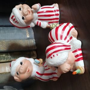 Vintage enesco candy cane pajama piglets pigs Christmas decor grannycore knick k